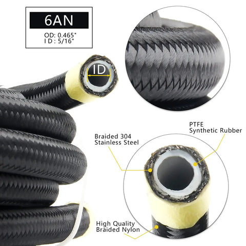 Cross-section view of Pro Grade 26 Ft AN6 PTFE Fuel Line Kit With Nylon Stainless Braided Hose For LS Swap EFI E85, 3/8 Inch Inner Diameter