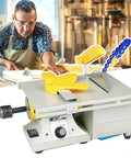 Powerful 850 W Bench Grinder And Polisher Machine With Adjustable Speed 800 To 11000 RPM For Rock Lapidary Projects Flexible Shaft And Water Cooling System Compact Desktop Cutter Drill Tool For Gemstone Jade Wood Crafting, featuring a workspace setup.