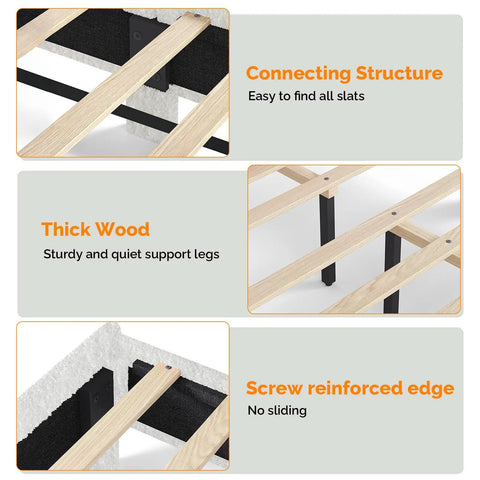 White Queen Boucle Upholstered Platform Bed With Rounded Headboard Sturdy Wood Slats connect and support structure with thick wood slats.
