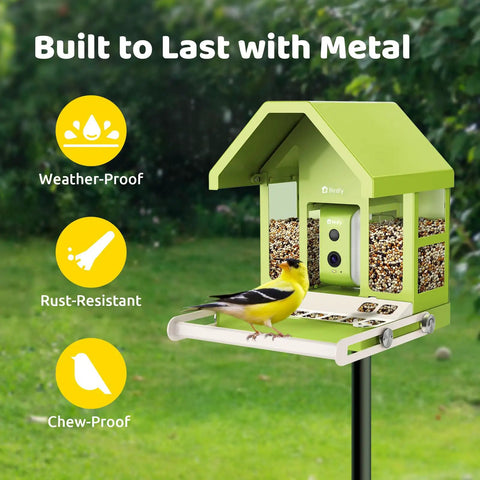 Green all-metal Smart Bird Feeder With Camera For Outdoors, featuring weather-proof and rust-resistant design on a backyard pole.
