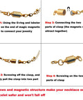 Screw Locking Magnetic Necklace Clasp For 6mm Silver Jewelry No Fuss Safety Closure With Built In Magnet Lead And Cadmium Free Brass Strong Hold Add On Length Connector For Easy Secure Fit showcasing connection and closure steps.