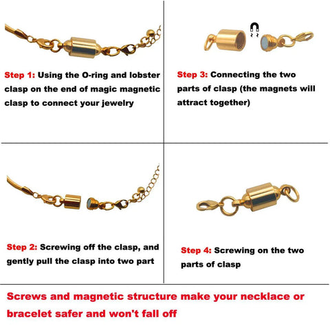 Screw Locking Magnetic Necklace Clasp For 6mm Silver Jewelry No Fuss Safety Closure With Built In Magnet Lead And Cadmium Free Brass Strong Hold Add On Length Connector For Easy Secure Fit showcasing connection and closure steps.