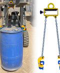 Heavy Duty Drum Lifter Clamp For Forklifts And Job Site Cranes Featuring Carbon Steel Chain securing blue barrel with hooks.