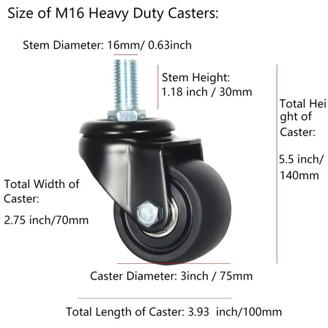 Heavy Duty M16x30mm Stem Casters With Low Gravity Center Swivel Action for Industry, 3 inch Nylon Wheels, Size Details