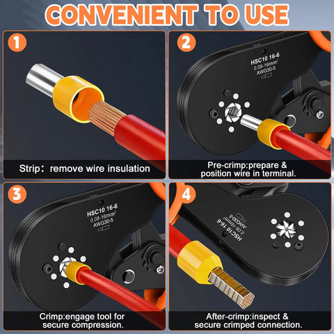 Step-by-step use of Ferrule Crimping Tool Kit All-In-One With Self-Adjusting Pliers, 0.08-16 Mm2 AWG 30-5, Includes 2050 Wire Connectors