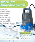 1HP Submersible Sump Pump 3700GPH Portable Electric Water Transfer Pump in blue with performance chart, durable design