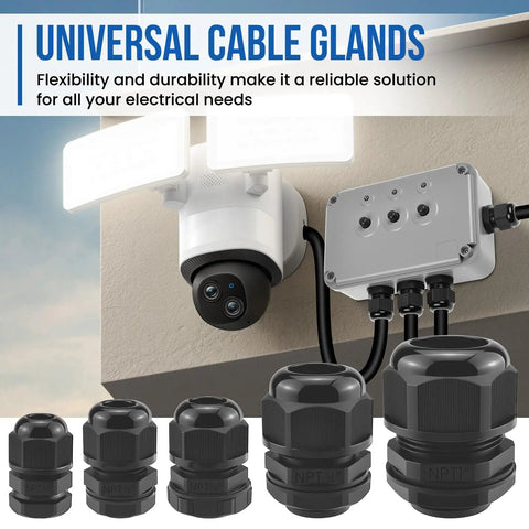 22 Piece NPT Cable Gland Kit IP68 Waterproof Nylon Connectors in use with junction box and camera setup