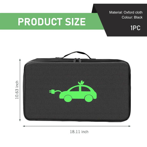 Heavy Duty Waterproof Oxford EV Charger Bag Stores All Your Cables And Guns Securely Includes A Comfy Grip Handle Universal Fit Keeps Your Rig Slick And Zero Sweat, shown in black with dimensions 18.11x10.63 inches.