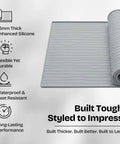 Rolled Washer And Dryer Top Cover Protector 25x25 Inch Silicone Waterproof Dust Guard unrolled with product features listed.