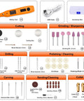 Mini Cordless Rotary Tool Kit With 105 Accessories, USB cable, accessory box displayed categorically for various uses