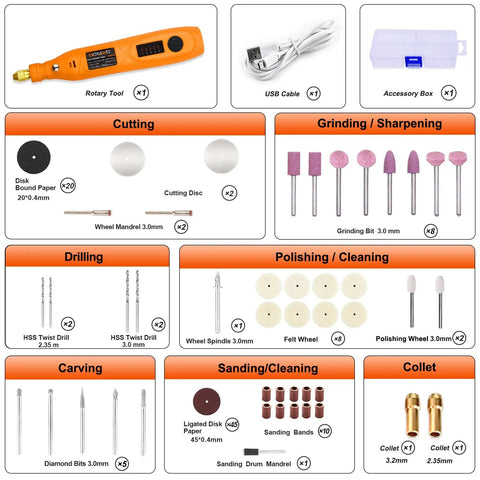 Mini Cordless Rotary Tool Kit With 105 Accessories, USB cable, accessory box displayed categorically for various uses