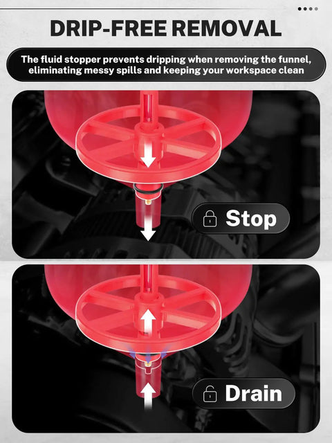 Premium Coolant Funnel Kit With Integrated Vacuum Bleed Tank showing drip-free removal feature with fluid stopper.