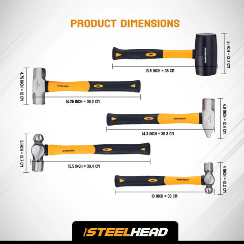 Five Piece Fiberglass Handle Hammer And Mallet Set For Demolition And Metal Working With 16oz Ball Peen 32oz Ball Peen 32oz Rubber Mallet