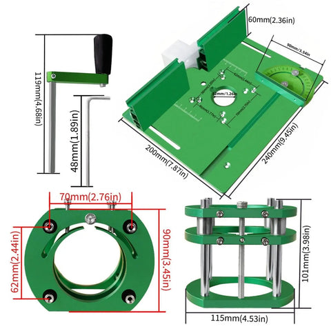 Dead Nuts Accurate Router Table Lift System With Slick Insert Plate For Woodworking Engraving Slotting And Trimming Rigs No Sweat Aluminum Base Pro Rig Setup showing dimensions and parts.