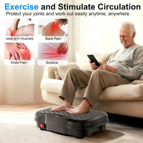 Elderly man using vibration plate for full body fat burning and lymphatic drainage with 200W motor, 12mm amplitude.