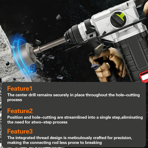 Heavy Duty Tungsten Carbide Concrete Hole Saw Kit With Five Inch Drill Bit And Long SDS Plus Shank Rod in action on masonry.