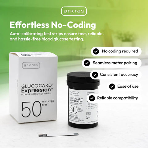 GlucoCard Expression Blood Glucose Test Strips No Coding, Tiny 0.8 Microliter Sample, box and vial with strip visible