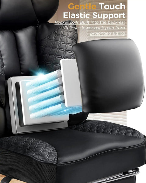 Big And Tall Office Chair For Heavy Duty Comfort With Deluxe Embossed Leather High Back Ergonomic Computer Chair With footrest showing pocket spring lumbar support