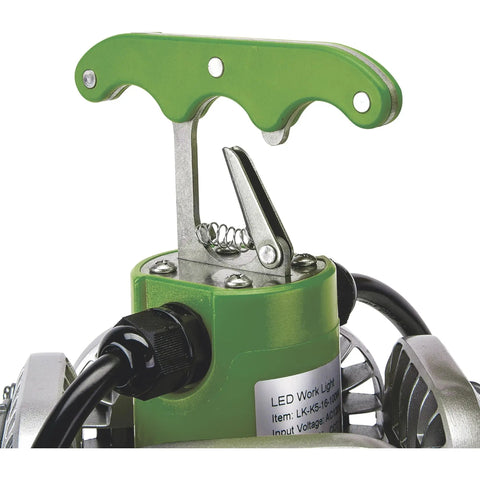 Close-up of green spring-loaded quick mount hook on 16000 Lumen Temporary LED Work Light With Four Pivoting Panels And 360 Degree Beam