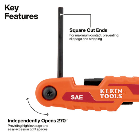 Compact Folding Hex Key Set With 25 Sizes In Metric And SAE Plus Torx Keys shown in orange with 270° open feature