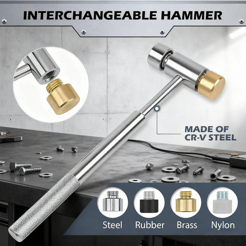 Pin Punch Hammer Set With Bench Block And 25-Piece Punch Kit Pro Grade Replaceable Face Hammer Steel Roll Pin Tools in workshop