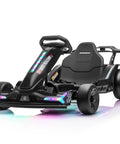 Electric Drifting Kart 24V With 800W Twin Motors, black ride-on toy with rainbow LED lights and adjustable seat.