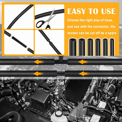 Six Piece Silicone Vacuum Hose Kit For Automotive Use shown with connectors and car engine application instructions.