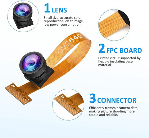 OV2640 camera lens, FPC board, and connector of Wide Angle 160 Degree 2MP OV2640 Camera Module For ESP32 MCU DIY Kit.