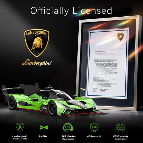 Officially licensed Lamborghini SC63 1 14 scale RC car with framed certificate, black and green supercar design, 2.4GHz control.