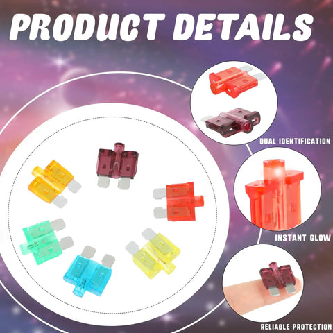 Heavy Duty LED Blade Fuse Assortment Kit Featuring ATC ATO Circuit Breakers, colorful fuses laid out for identification.