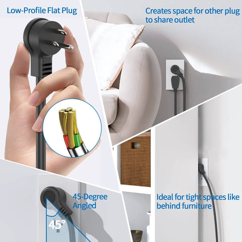 Beefy 25 Ft Flat Plug Extension Cord With 8 Outlet Surge Protector And 4 USB Ports Including 2 USB C 15A, shown behind furniture