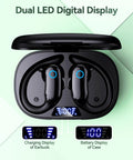 Active Noise Cancelling Wireless Earbuds With Earhooks 96 Hours Playback Dual Battery Display Bluetooth Stereo Bass Built In Microphone IPX7 Waterproof For Sports Running Workouts showing dual LED display in charging case