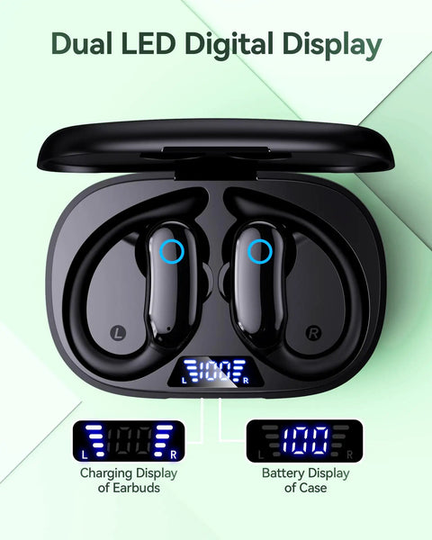 Active Noise Cancelling Wireless Earbuds With Earhooks 96 Hours Playback Dual Battery Display Bluetooth Stereo Bass Built In Microphone IPX7 Waterproof For Sports Running Workouts showing dual LED display in charging case