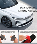 White car with close-up of 2 Pack Car Bumper Clips Hook Lock Kit With Carbon Fiber Hood Pins Toggle Clamp and installation instructions