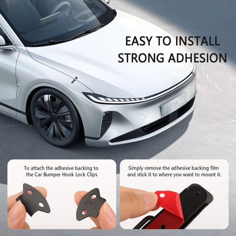 White car with close-up of 2 Pack Car Bumper Clips Hook Lock Kit With Carbon Fiber Hood Pins Toggle Clamp and installation instructions