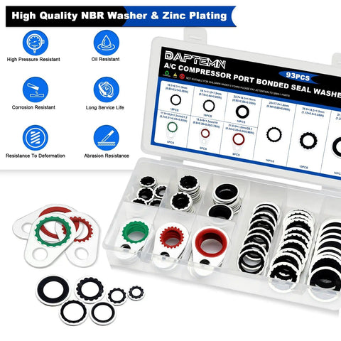 93 Piece AC Compressor Seal Washers Kit Nine Sizes For Your AC System Port Gaskets And O Rings Replacement Universal
