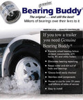 Trailer Hub Cap Protector In Stainless Steel Bearing Buddies, 1.98 Inch Diameter, installed on trailer wheel in water, keeps water out.