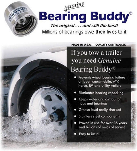 Trailer Hub Cap Protector In Stainless Steel Bearing Buddies, 1.98 Inch Diameter, installed on trailer wheel in water, keeps water out.