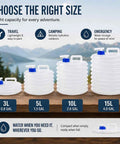 Collapsible Water Container With Spigot For Camping And Outdoors Foldable 15L Water Jug sizes shown on wooden table with mountains