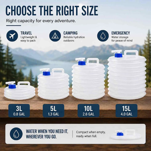Collapsible Water Container With Spigot For Camping And Outdoors Foldable 15L Water Jug sizes shown on wooden table with mountains