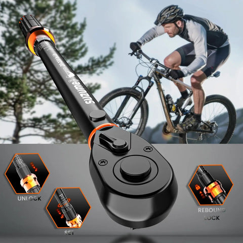Pro Grade Quarter Inch Bike Torque Wrench Set With Reversible 72 Tooth Ratchet And Dual Scales 20 To 220 In Lb And 2 To 25 Newton Meters High Accuracy Click Torque Wrench For MTB Bicycle Maintenance displayed with cyclist background