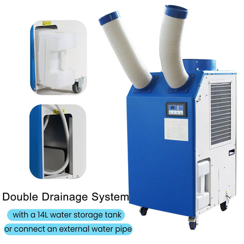 Heavy Duty 220 Volt Industrial Air Conditioner Featuring 18700 Btu Cooling Output And Hella Rapid Airflow To Beat Roasting Temps Indoors Or Outdoors Effortlessly with double drainage system.