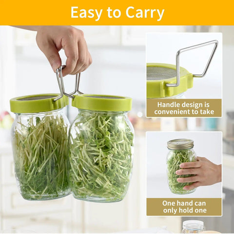 Hand holding Two Pack Seed Sprouter Kit For Wide Mouth Jars With 316 Stainless Mesh BPA Free Drip Tray And Tilted Lid For Bean Sprouts