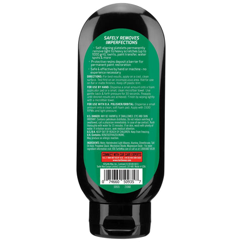 Back view of Scratch Repair And Renew Car Polish For Scratches Swirl Marks Paint Transfer Headlight Oxidation And Water Spots Safe For All Paint Colors 7oz With Protective Resin Formula For A Long Lasting Showroom Shine And No Fuss Easy Apply bottle