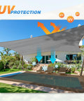 12 Foot By 14 Foot Sun Shade Sail Rectangle Outdoor Canopy UV Block Sunshade over patio with sun protection icons, gray fabric