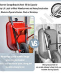 Heavy Duty Wheelbarrow Storage Bracket With Top Lift Latch 90 Lb Capacity Fits Most Wheelbarrows And Heavy Construction Carts Space Saver For Your Garage Shed Or Workshop Not For Plastic Barrows displayed with wheelbarrows in use