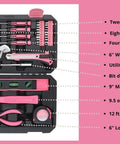 39 Piece General Household Tool Set In Toolbox Storage Case With Essential Hand Tools For Everyday Home Repairs DIY And Crafts Pink Ribbon Edition Includes Hammer Pliers Wrench Tape Measure Utility Knife Magnetic Level And More displayed open in pink case showing various tools