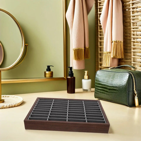 Premium Wooden Jewelry Tray Featuring Forty Smooth Compartments And Plush Velvet Insert For Classic Bracelet And Bangle Display Stand Plus Reliable Countertop Organizer That Straight Up Hits Different in a modern vanity setting.