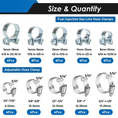 52Pcs Fuel Line Clamp Kit For Auto Repair And Maintenance Includes 8-18mm Hose Clamps And Adjustable From 1/4 Inch To 1-1/8 Inch (6-29mm)