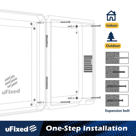 Installation guide for Tough As Nails Outdoor EV Charger Enclosure Wall Box with combo lock, showing screws and mounting options.